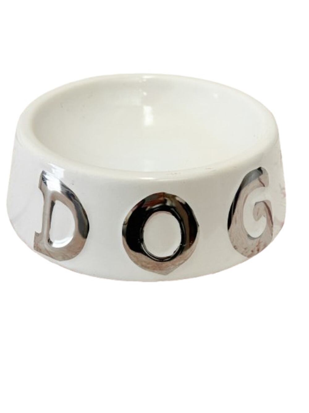 10 STRAWBERRY STREET White Ceramic Dog Bowl Metallic Silver Chrome Letters